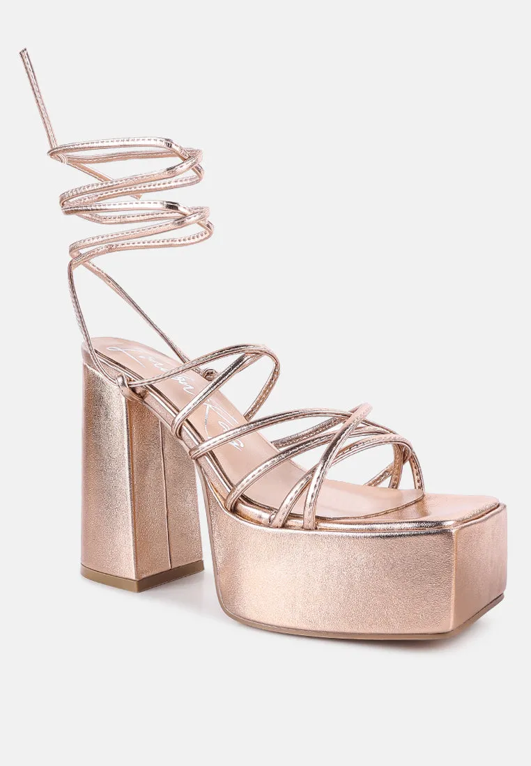 Anvil Metallic Block Heeled Lace Up Sandals