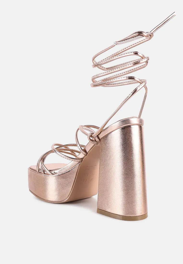 Anvil Metallic Block Heeled Lace Up Sandals