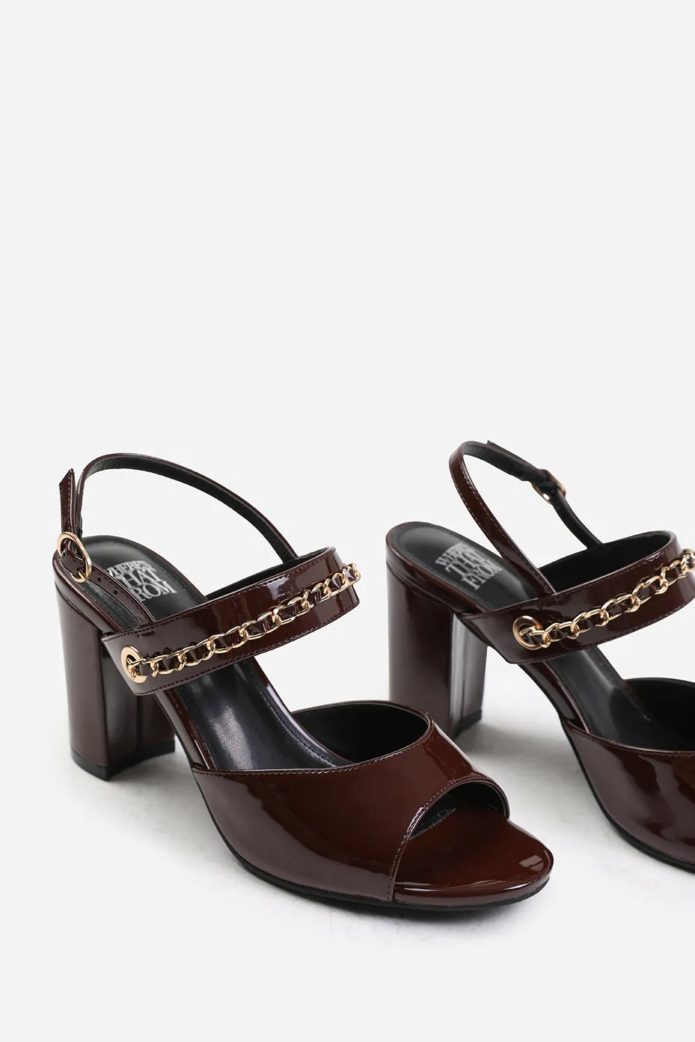 AUDRA WIDE FIT MID BLOCK HEELS WITH CHAIN DETAILING IN OXBLOOD PATENT