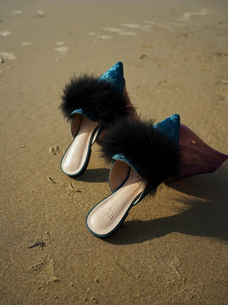 B-FEI elegant French velvet flat feather mules - Gabu