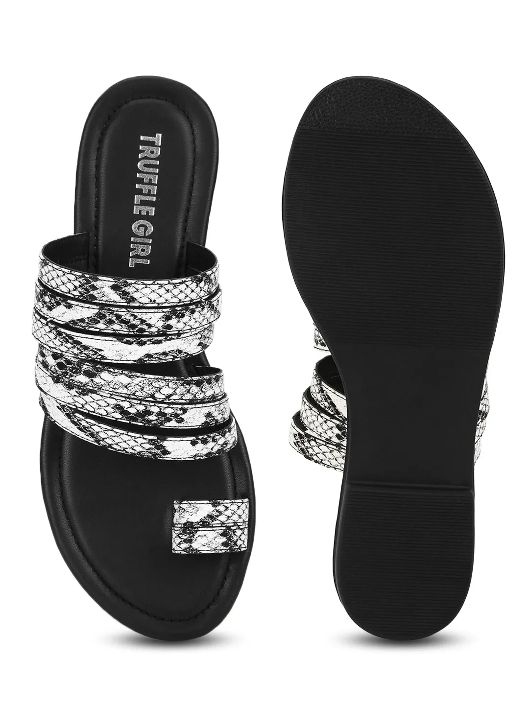 Black & White Snake PU Flat Slip On Sandals