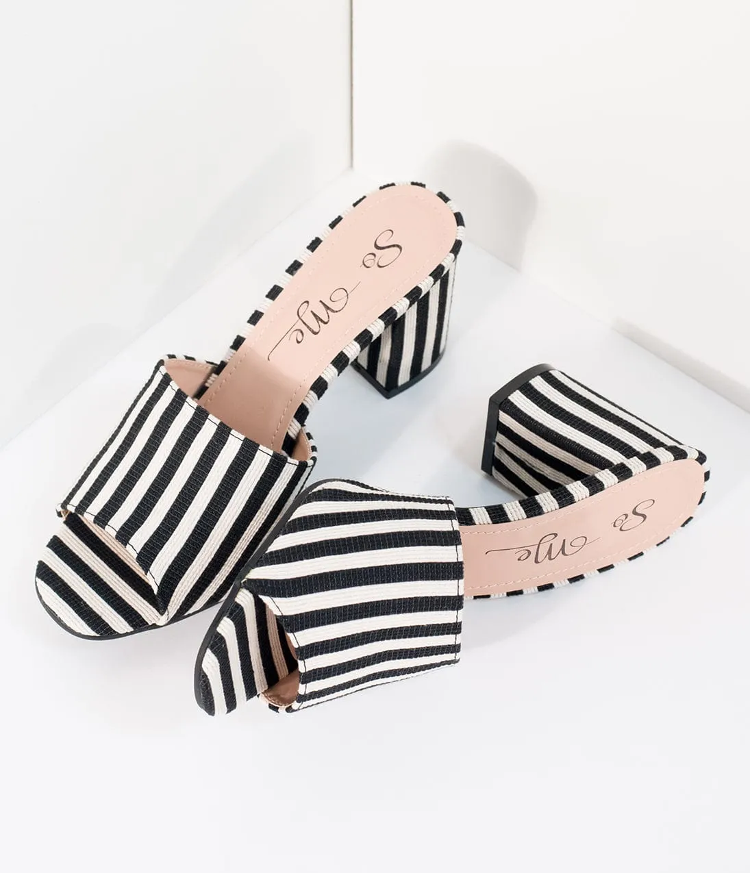 Black & White Stripe Woven Peep Toe Mule Heels