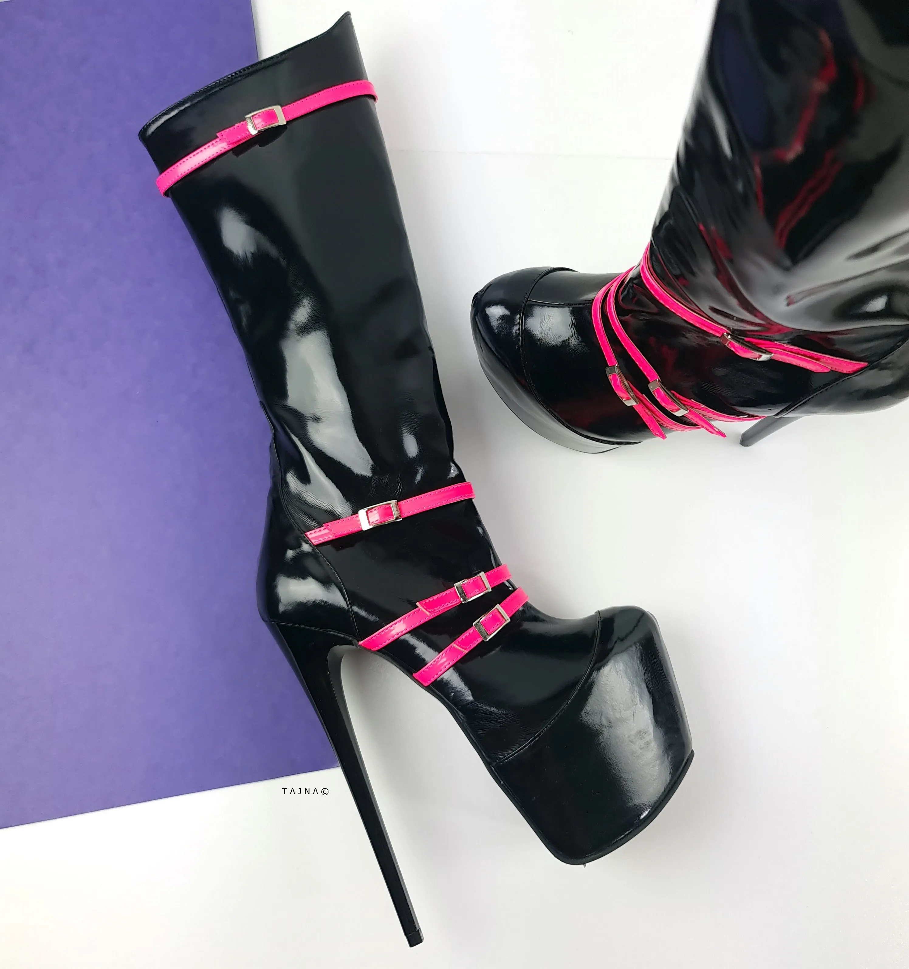 Black Gloss Hot Pink Detail Mid Calf Boots