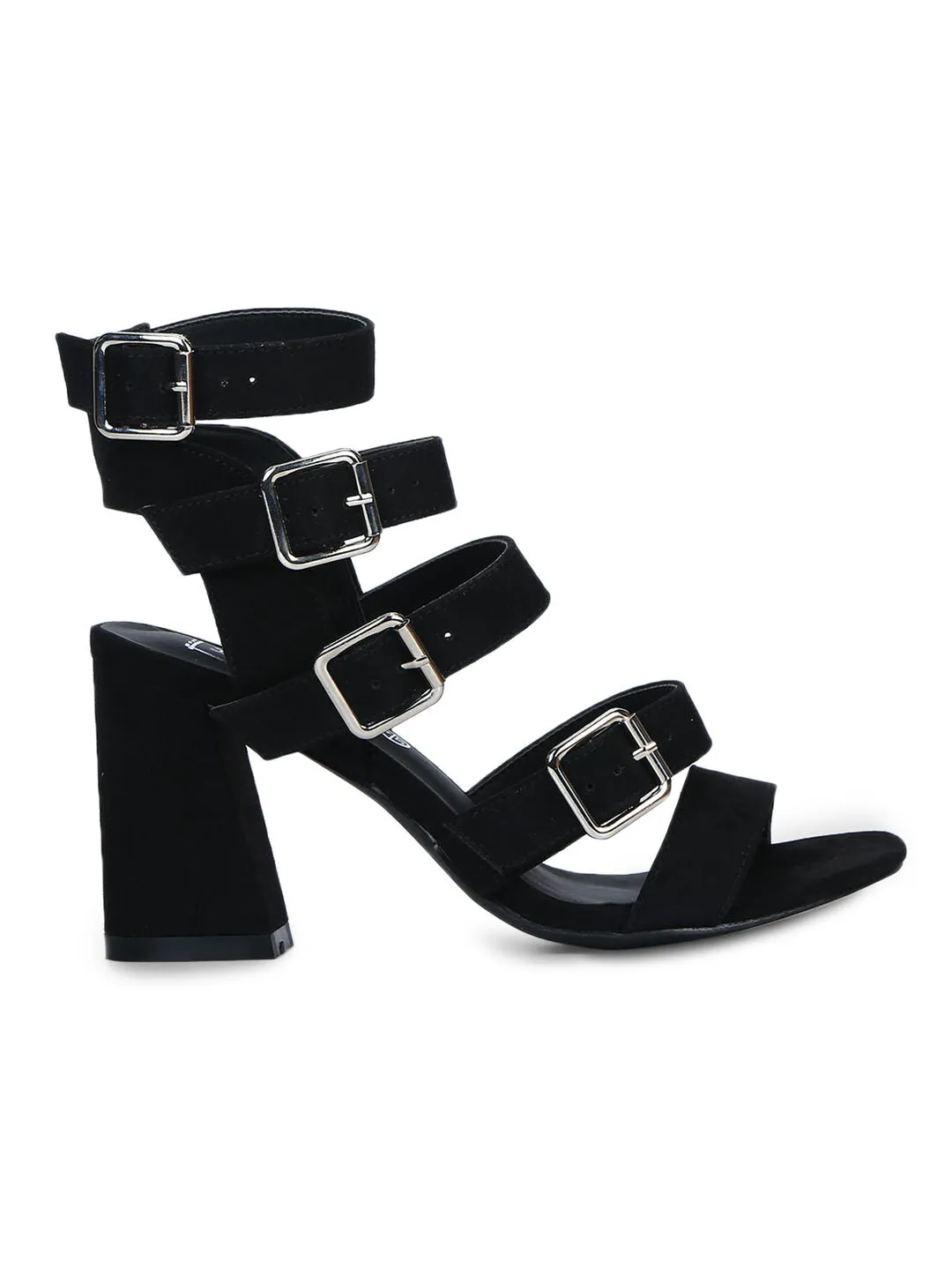 Black Micro Strappy Multiple Buckle Block Heels