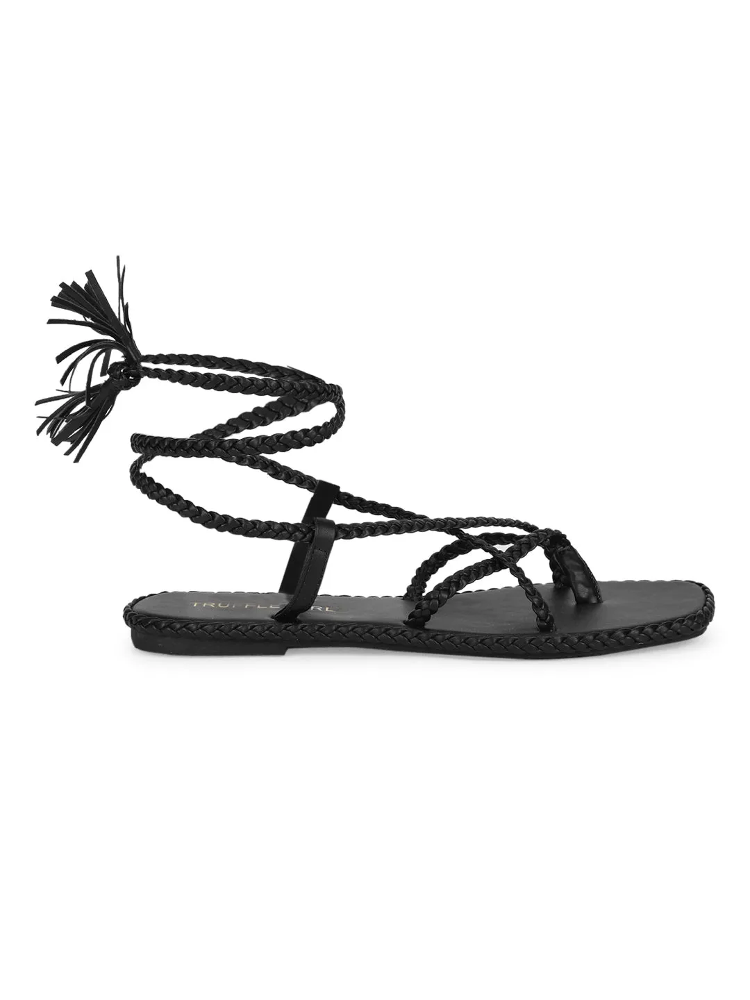 Black PU Braided Lace Up Flat Sandals (TC-ST-1212-BLK)