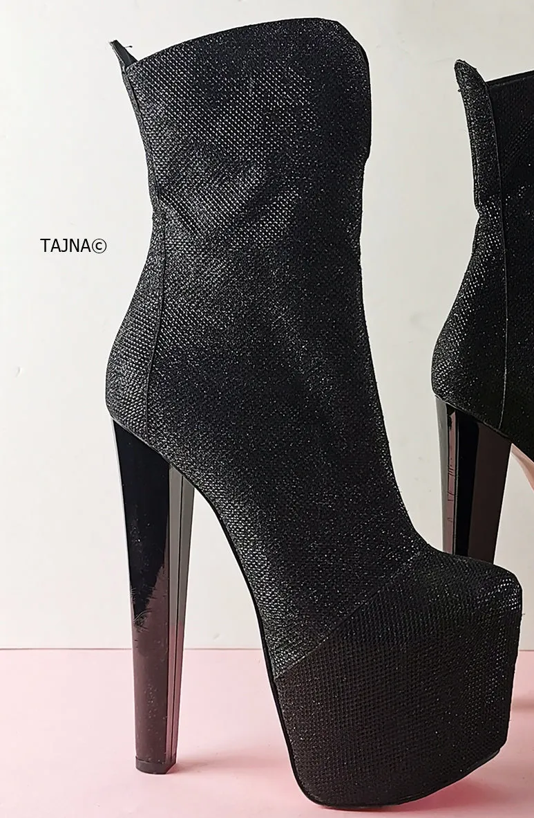 Black Shimmer Chunky Heel Platform Boots