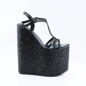 Black Shiny Wedge Sandals