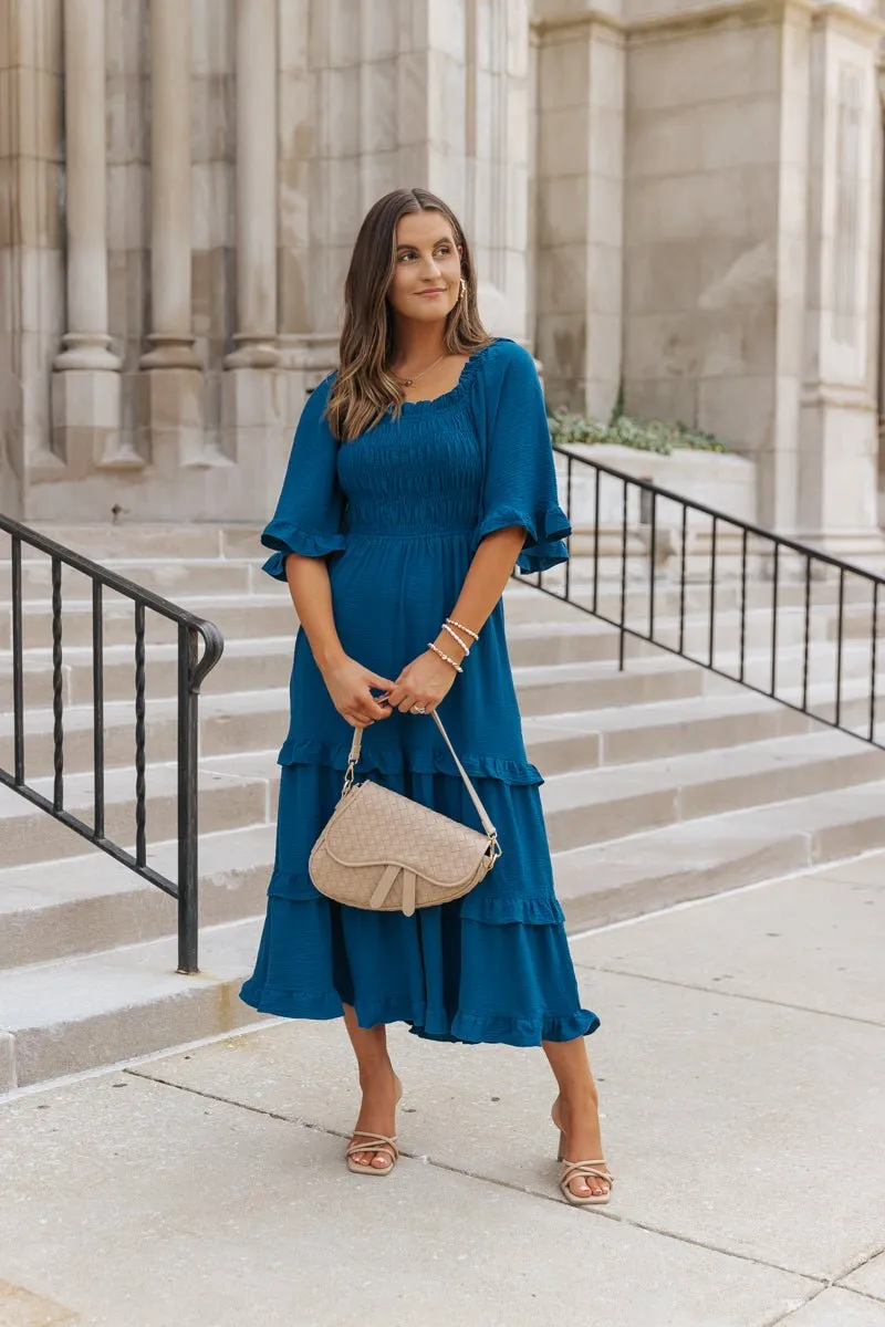 Blue Off The Shoulder Tiered Midi Dress - FINAL SALE