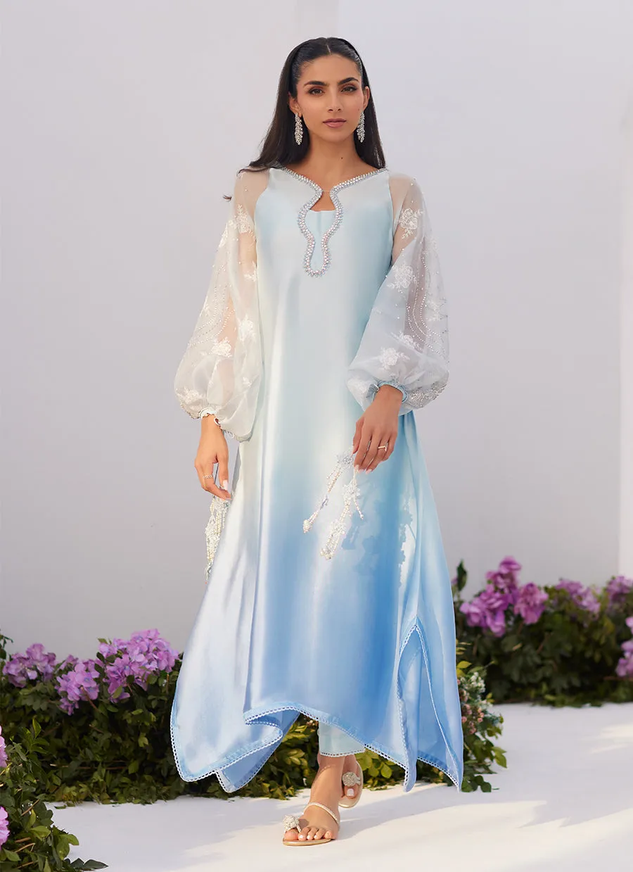 Bow Ombre Blue Embellished Kaftan Cut Shirt