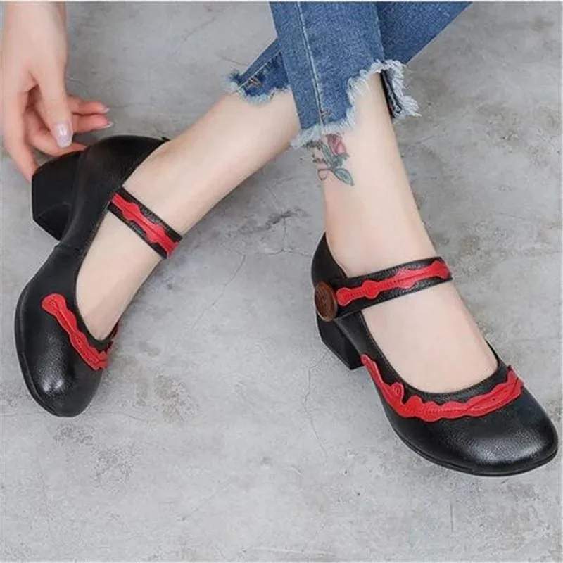 Classic Retro Mixed Colors Non-slip Thick Heel Comfortable Genuine Leather Shoes