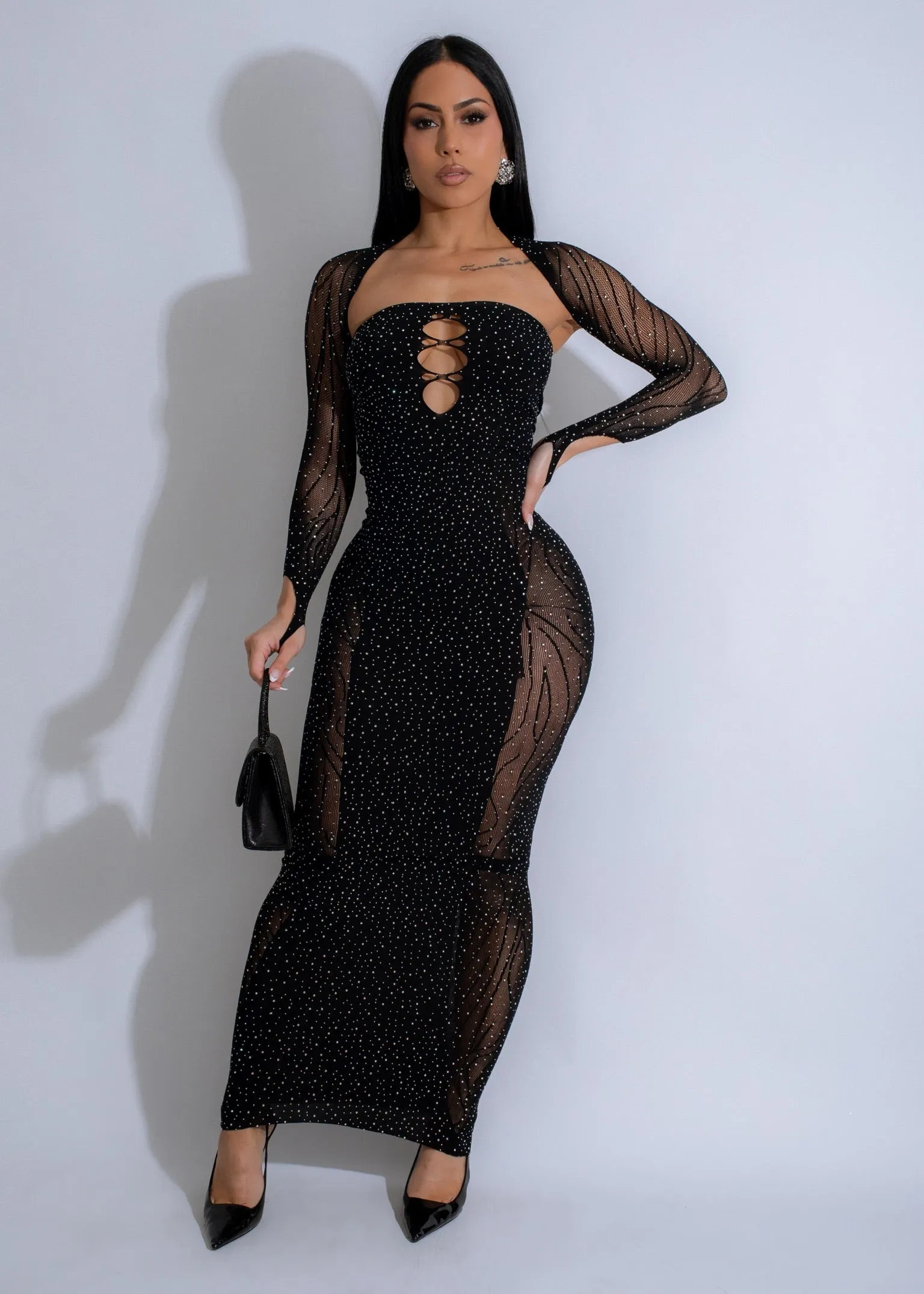 Cosmic Glow Rhinestones Maxi Dress Black