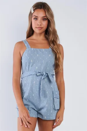 Denim White Pin Striped Destroyed Waist Tie Romper