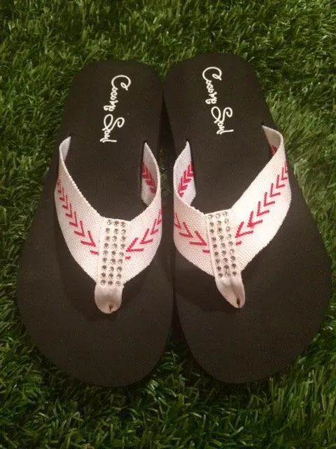 DISCONTINUED CLOSEOUT Cocomo Soul Women's Baseball Flip Flops – Rhinestone Fabric Sandals for Baseball Moms