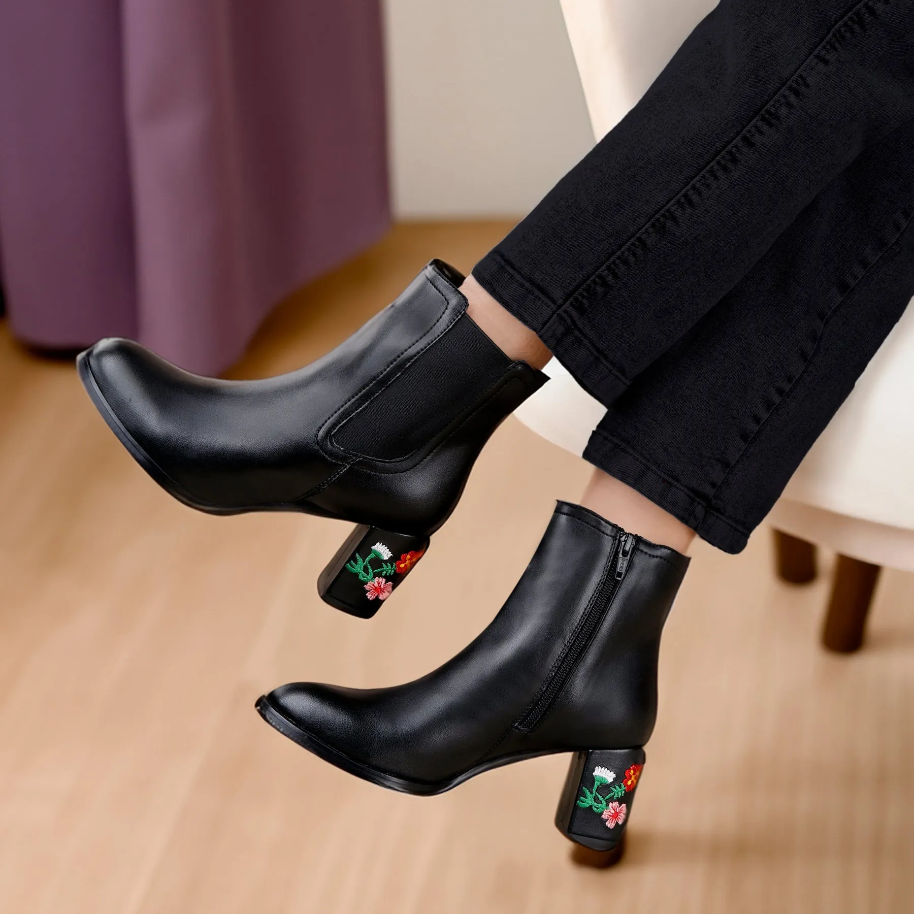 Embroidered Heels Buckle and Zipper Ankle Boots for Women