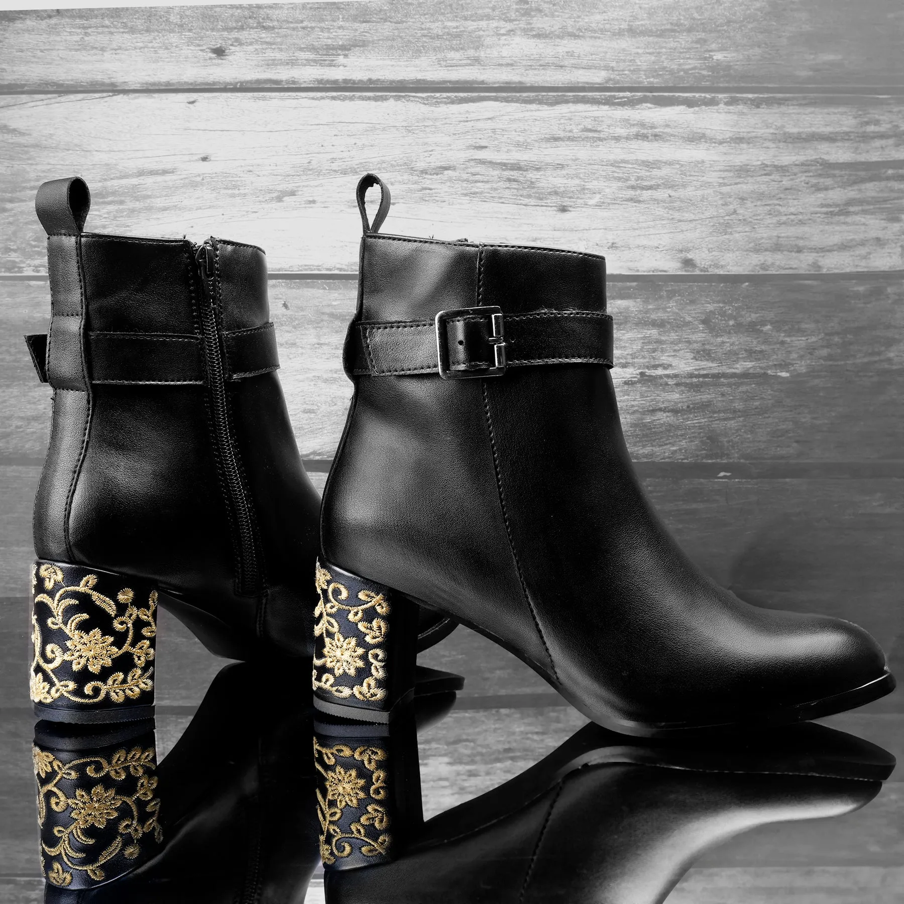 Embroidered Heels Buckle and Zipper Ankle Boots for Women