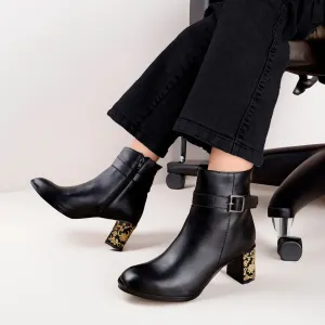 Embroidered Heels Buckle and Zipper Ankle Boots for Women