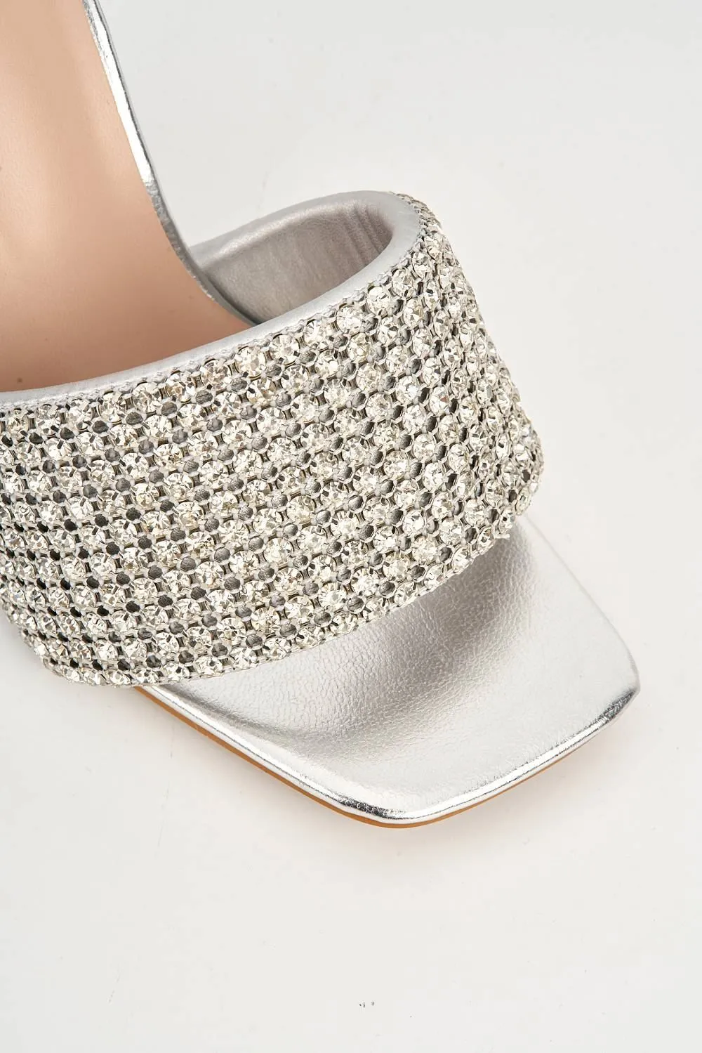 Gemme Thick Perspex Heel Diamante Embellished Band Mules in Silver