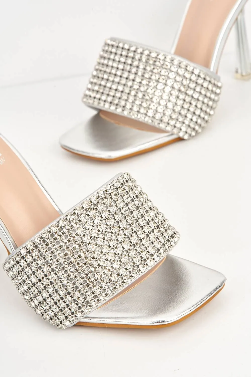 Gemme Thick Perspex Heel Diamante Embellished Band Mules in Silver