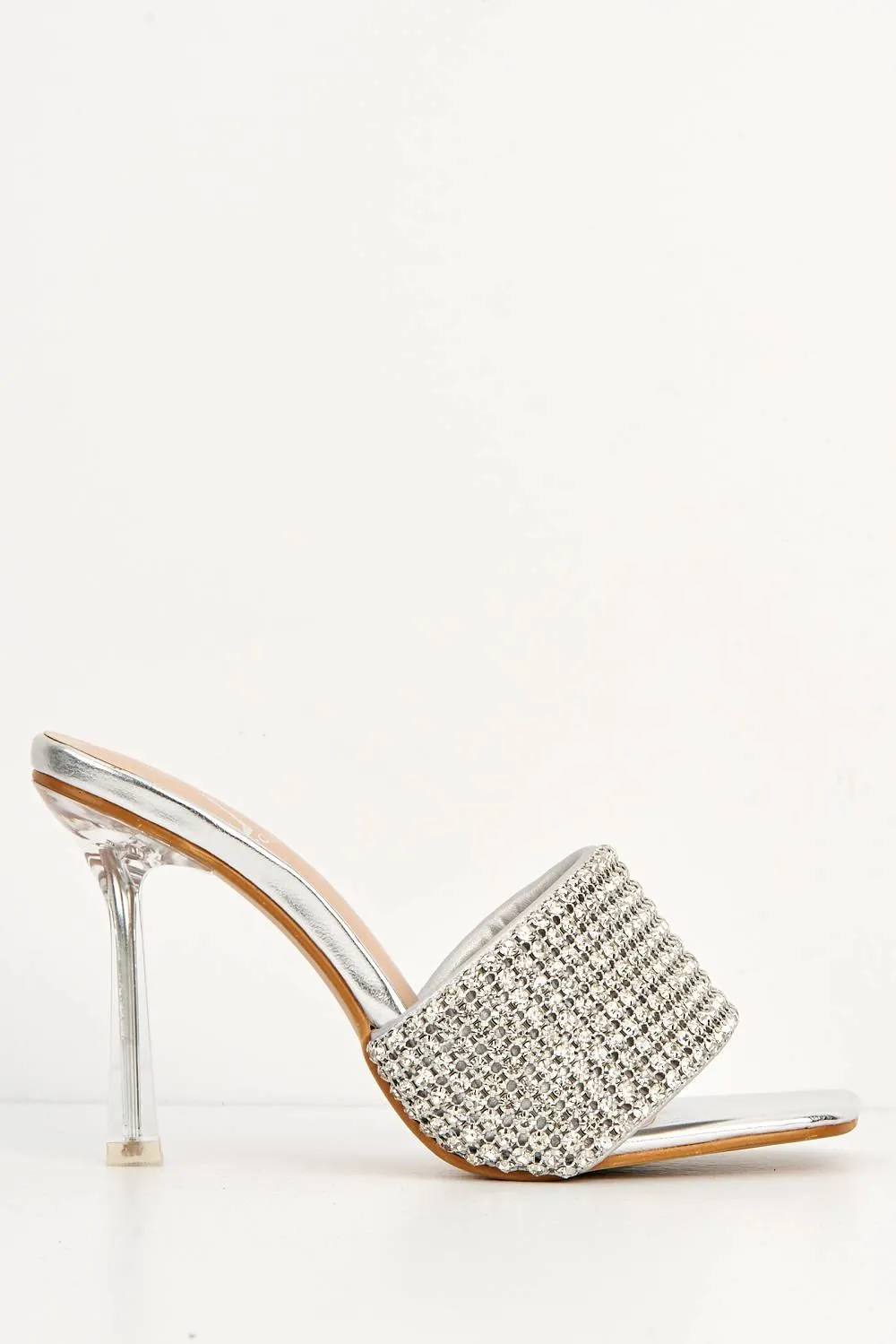 Gemme Thick Perspex Heel Diamante Embellished Band Mules in Silver