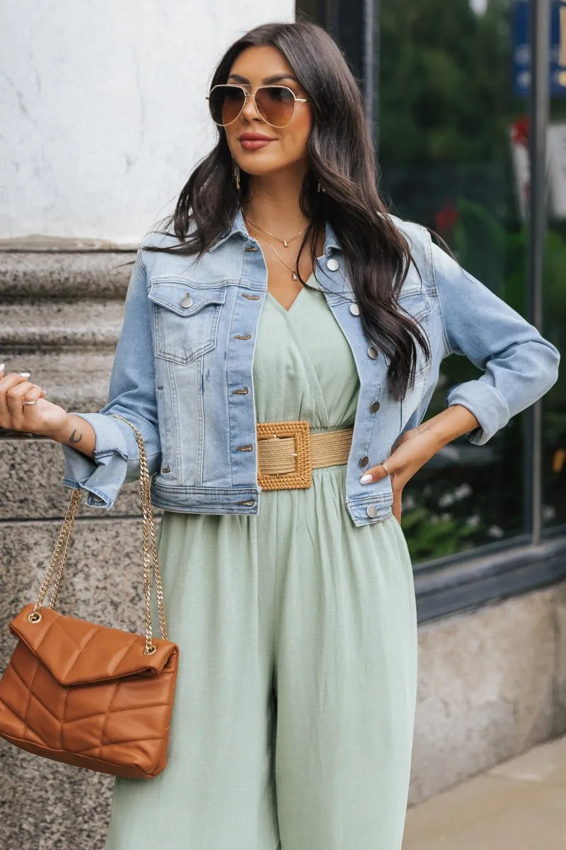 Green Surplice V Neck Belted Jumpsuit - FINAL SALE