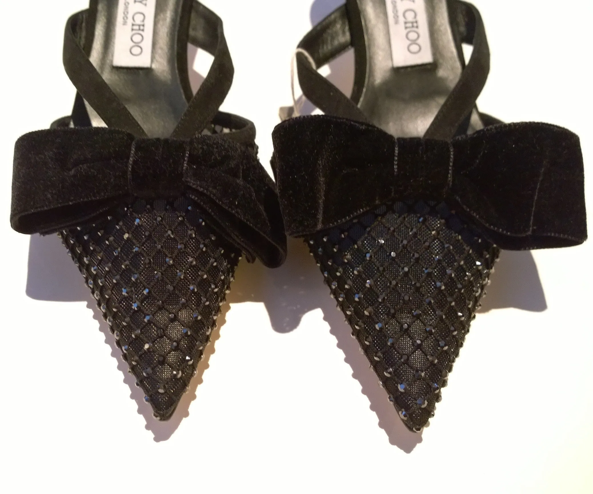 Jimmy Choo Flaca Mesh Net Rhinestone Velvet Bow Heels Mules Black