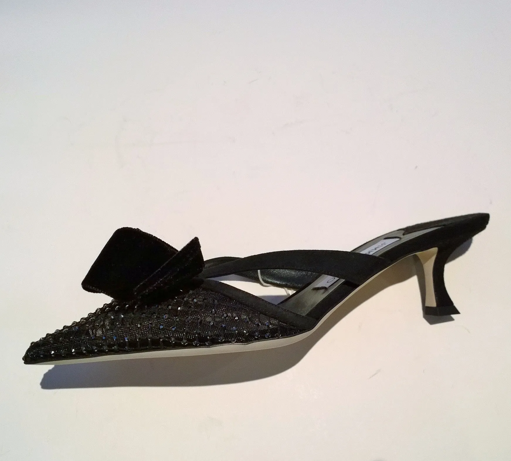 Jimmy Choo Flaca Mesh Net Rhinestone Velvet Bow Heels Mules Black