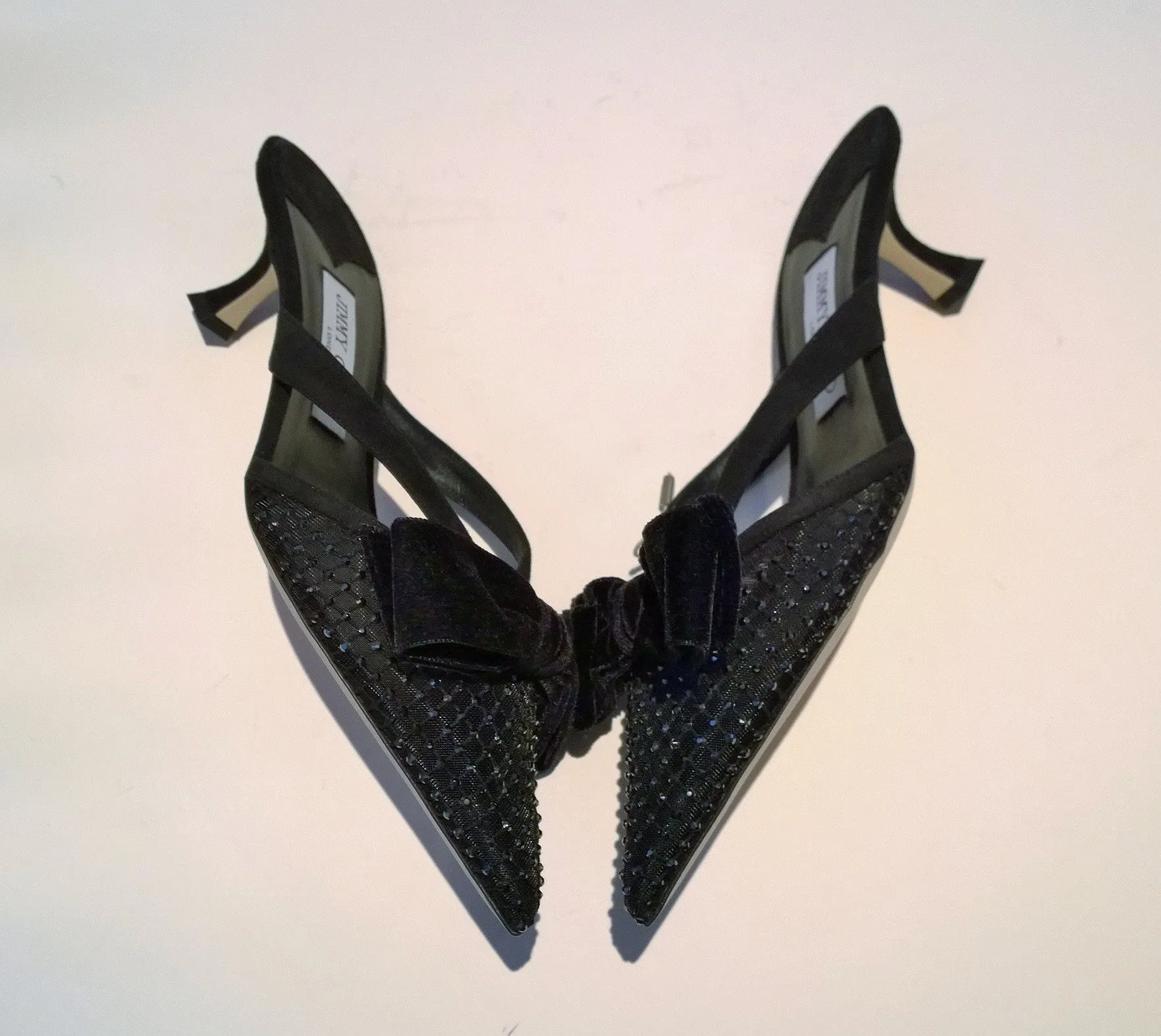 Jimmy Choo Flaca Mesh Net Rhinestone Velvet Bow Heels Mules Black