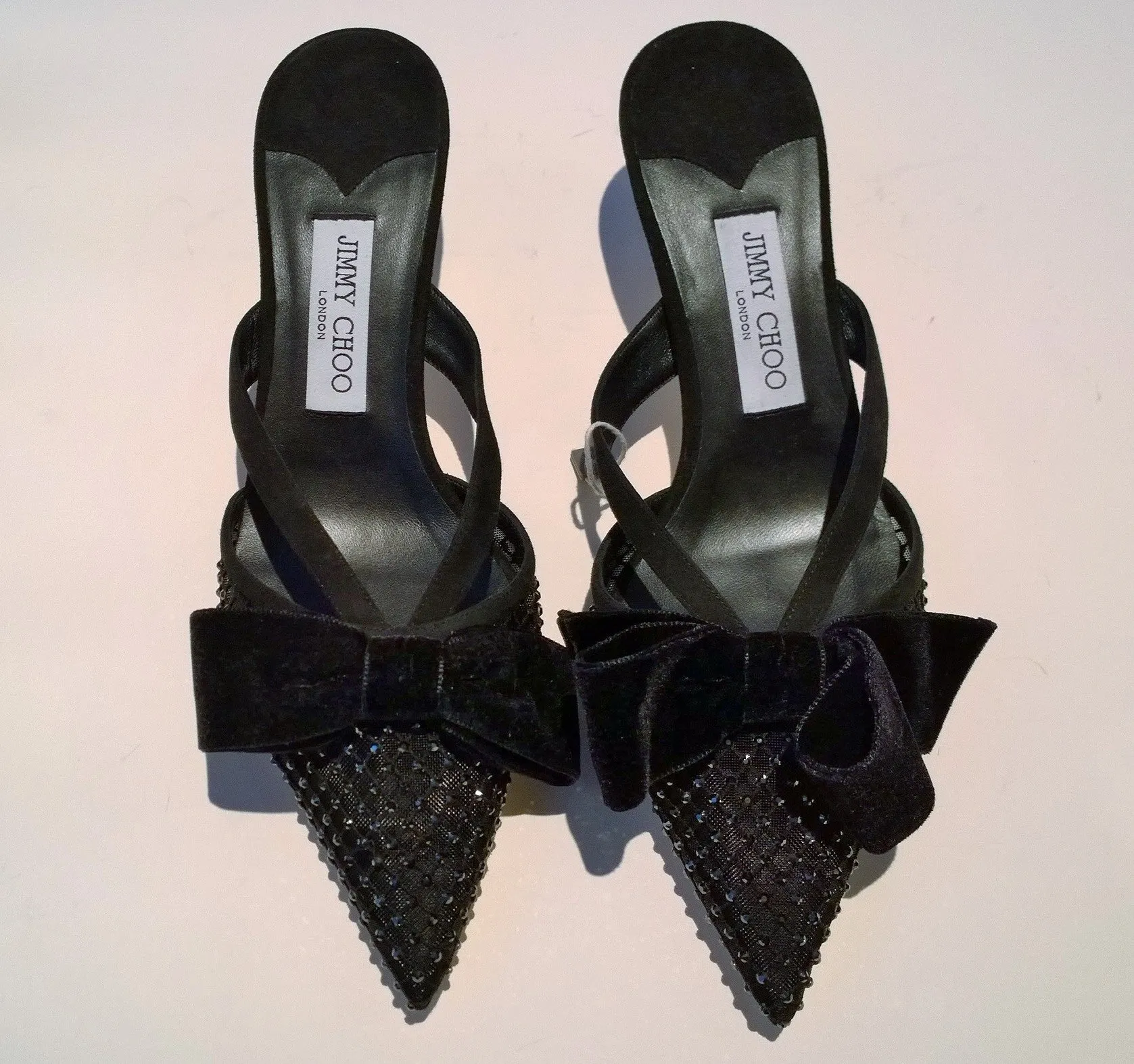 Jimmy Choo Flaca Mesh Net Rhinestone Velvet Bow Heels Mules Black