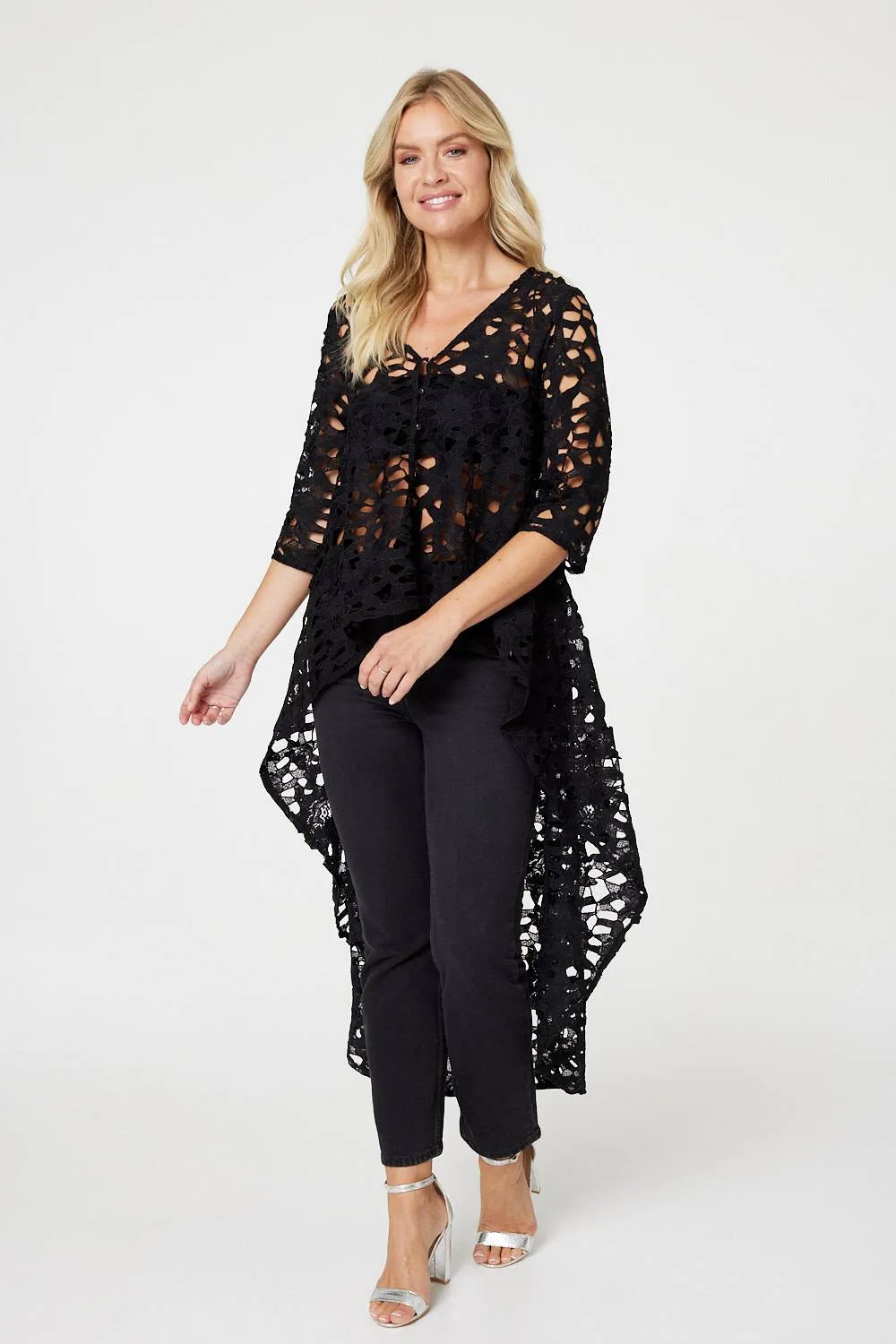 Lace Semi Sheer Drop Hem Top