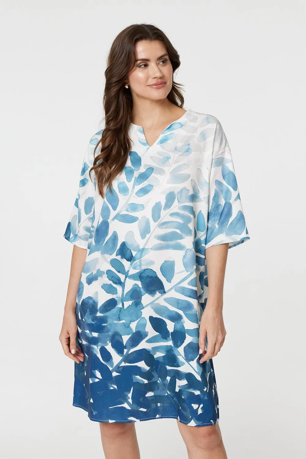 Leaf Print 3/4 Sleeve Relaxed Shift Dress