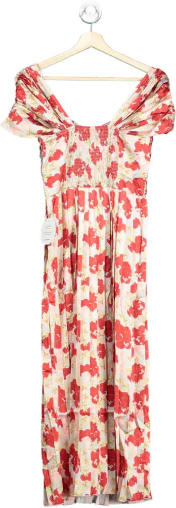 Little Mistress Red Jackson Floral Print Pleated Midaxi Dress UK 10