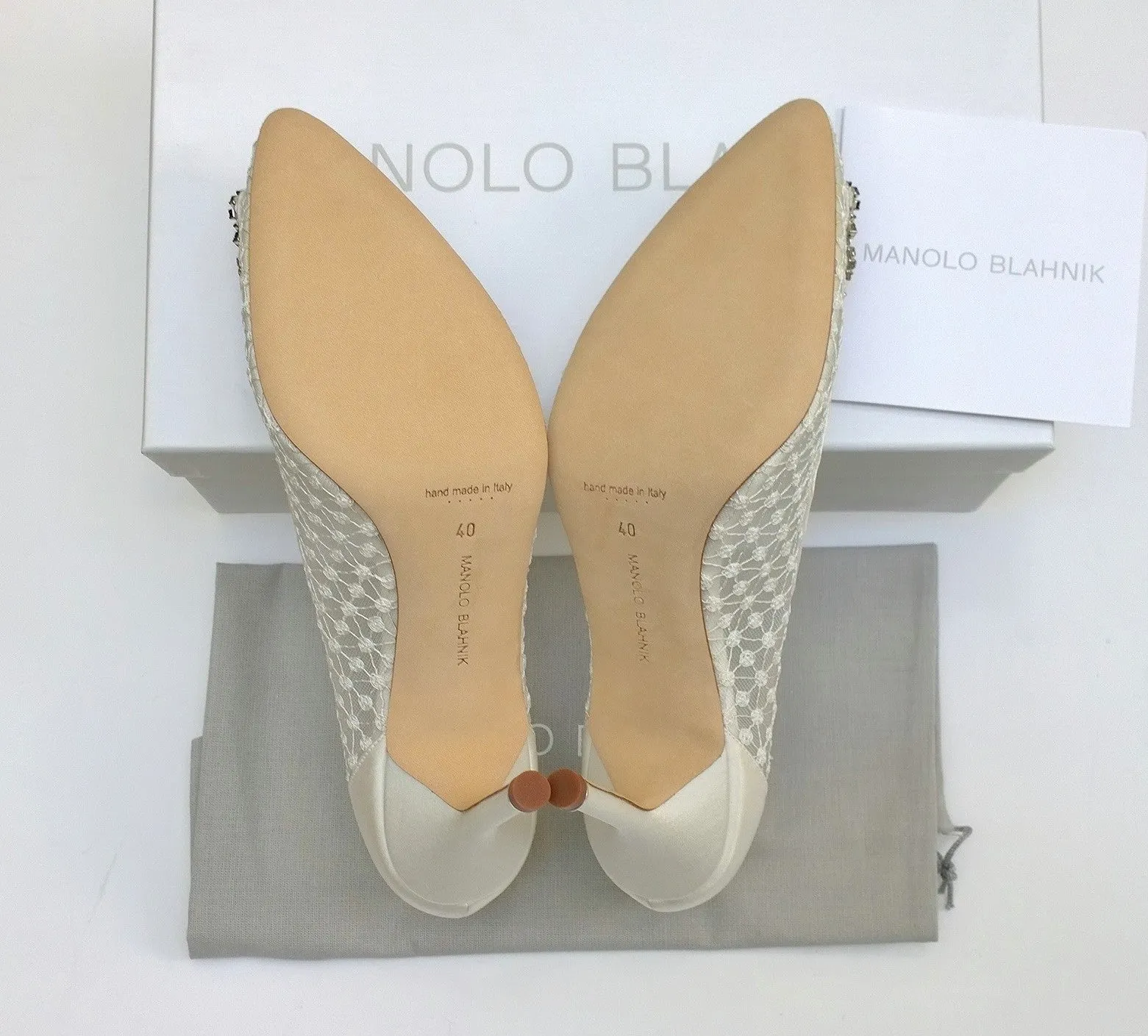 Manolo Blahnik Hangisi Lace 90 in Cream Lace Heels