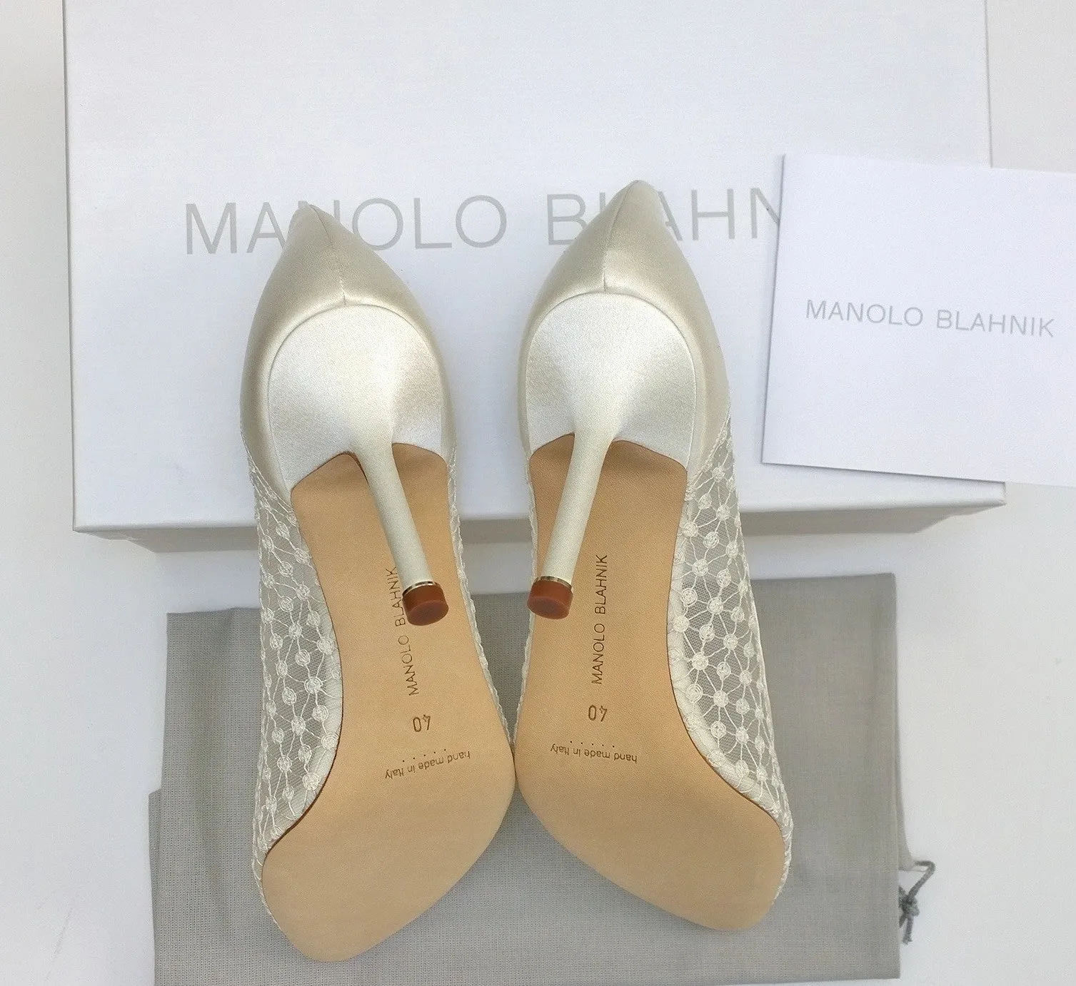 Manolo Blahnik Hangisi Lace 90 in Cream Lace Heels