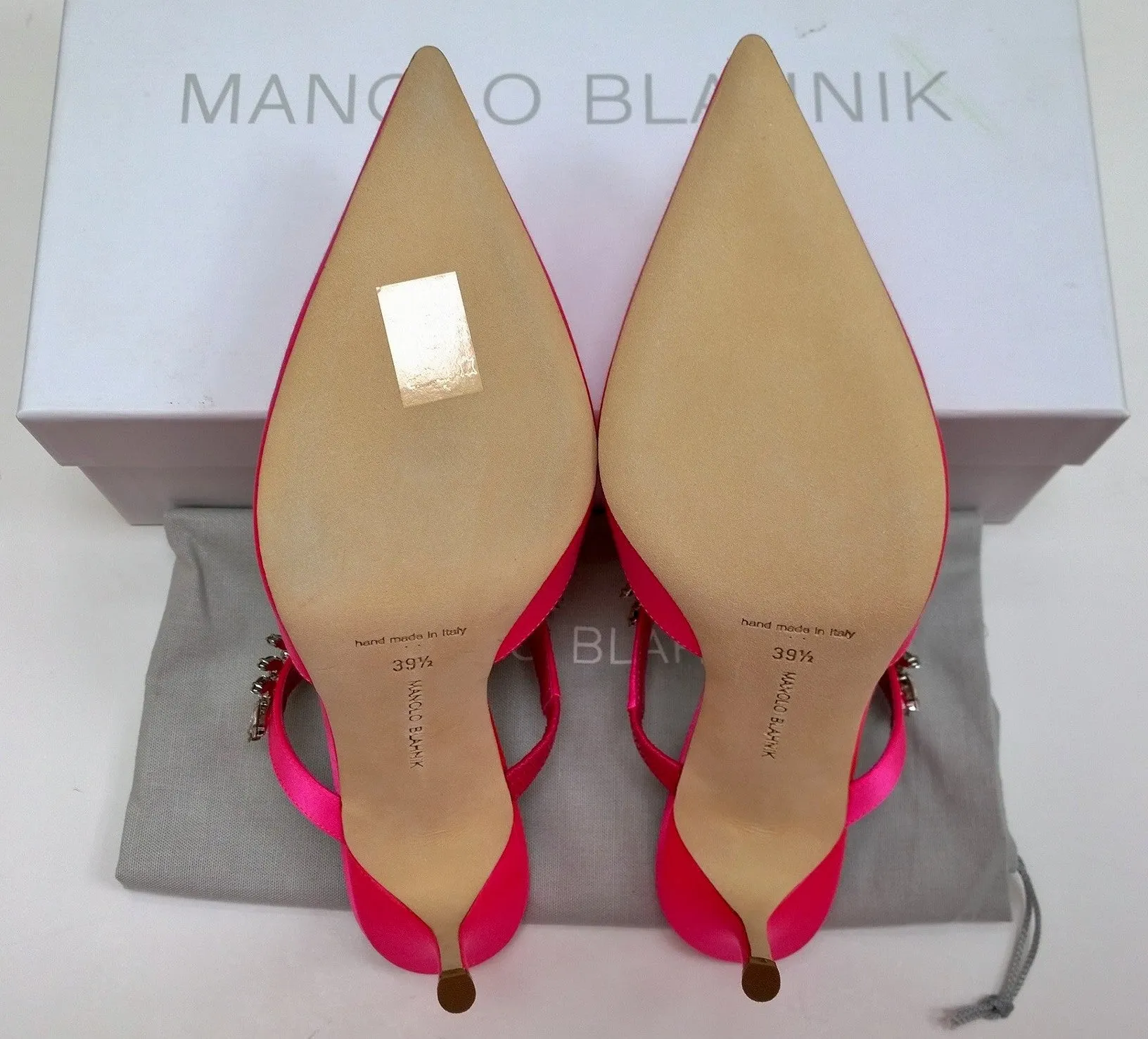 Manolo Blahnik Lurum 90 Heels in Pink Satin with Strass Rhinestone Mules