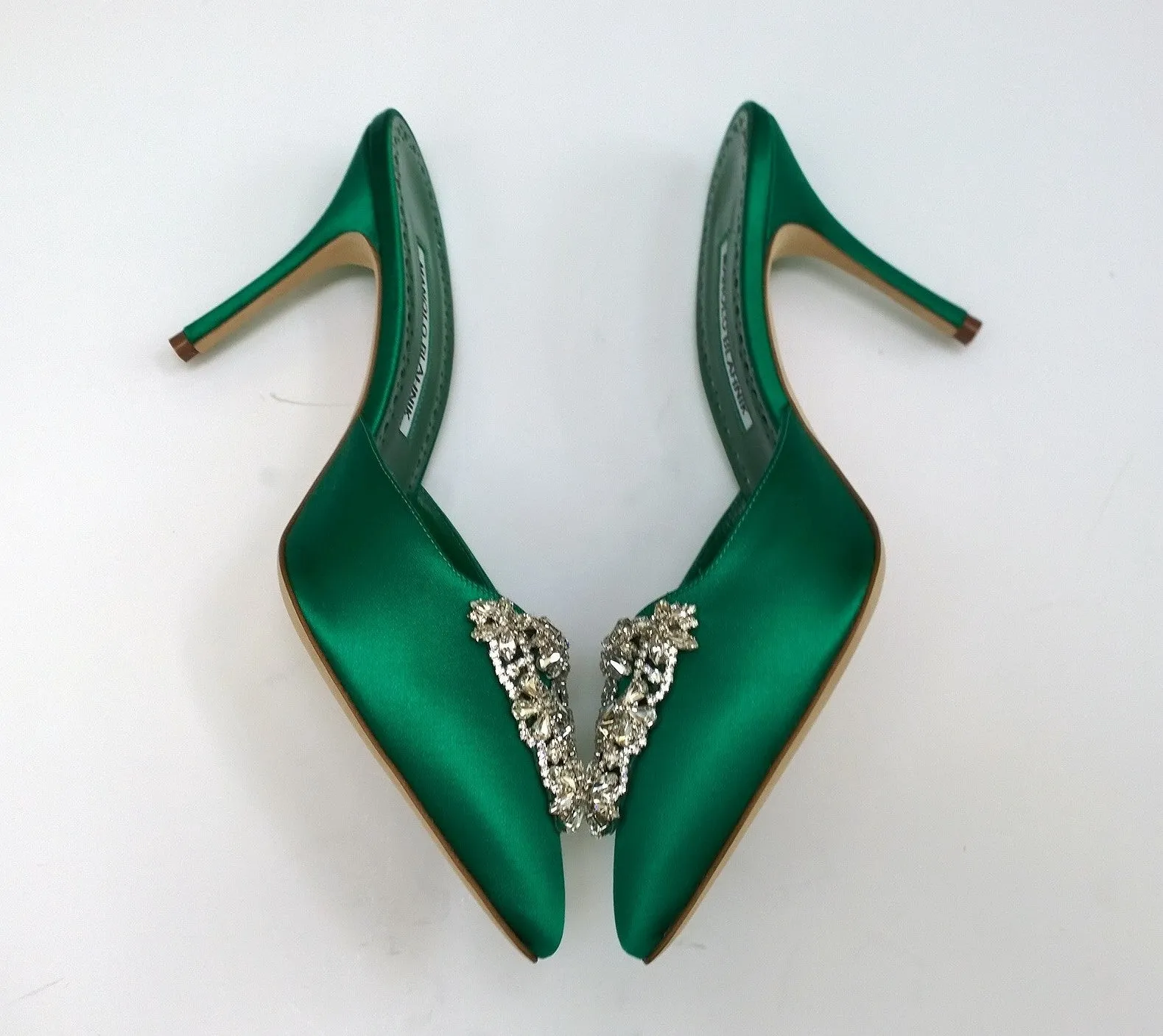 Manolo Blahnik Namutri 90 Emerald Green Satin Mules Rhinestone Buckle Heels