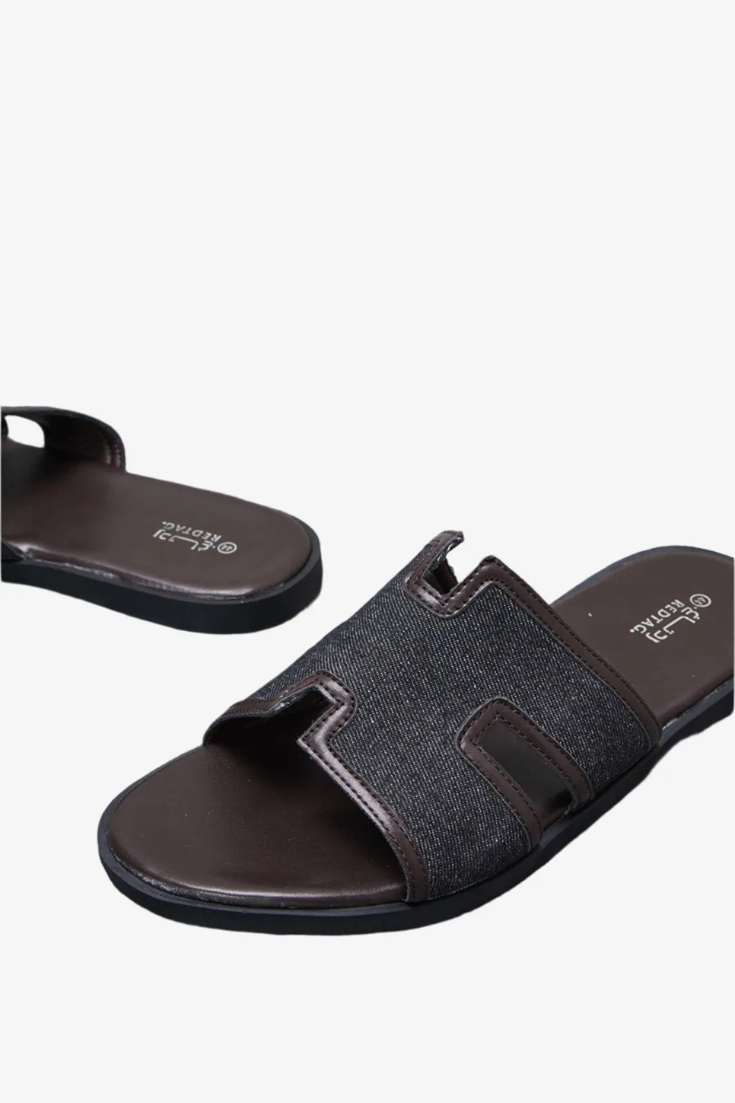 Men Brown H Strap Sandals With Denim