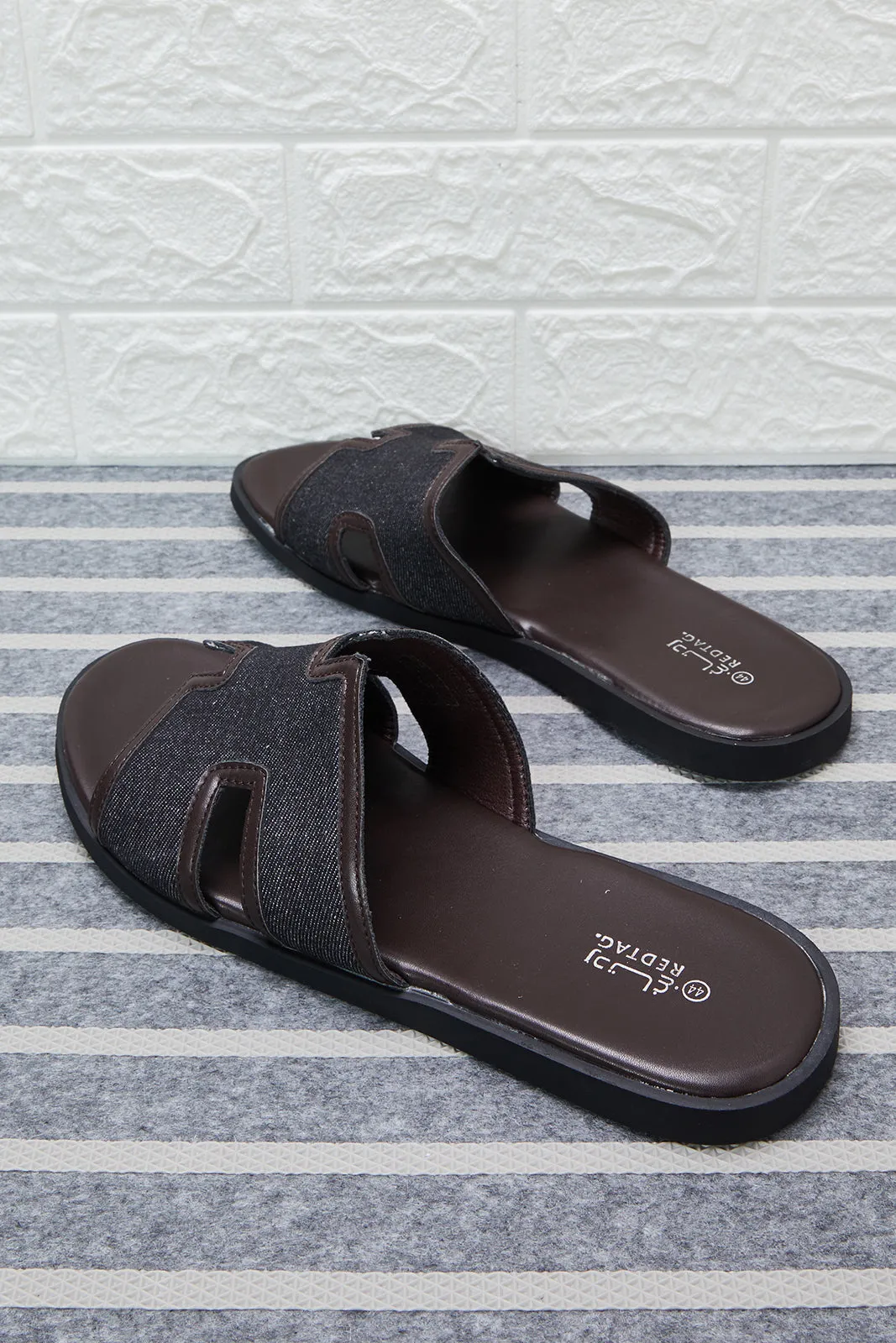 Men Brown H Strap Sandals With Denim