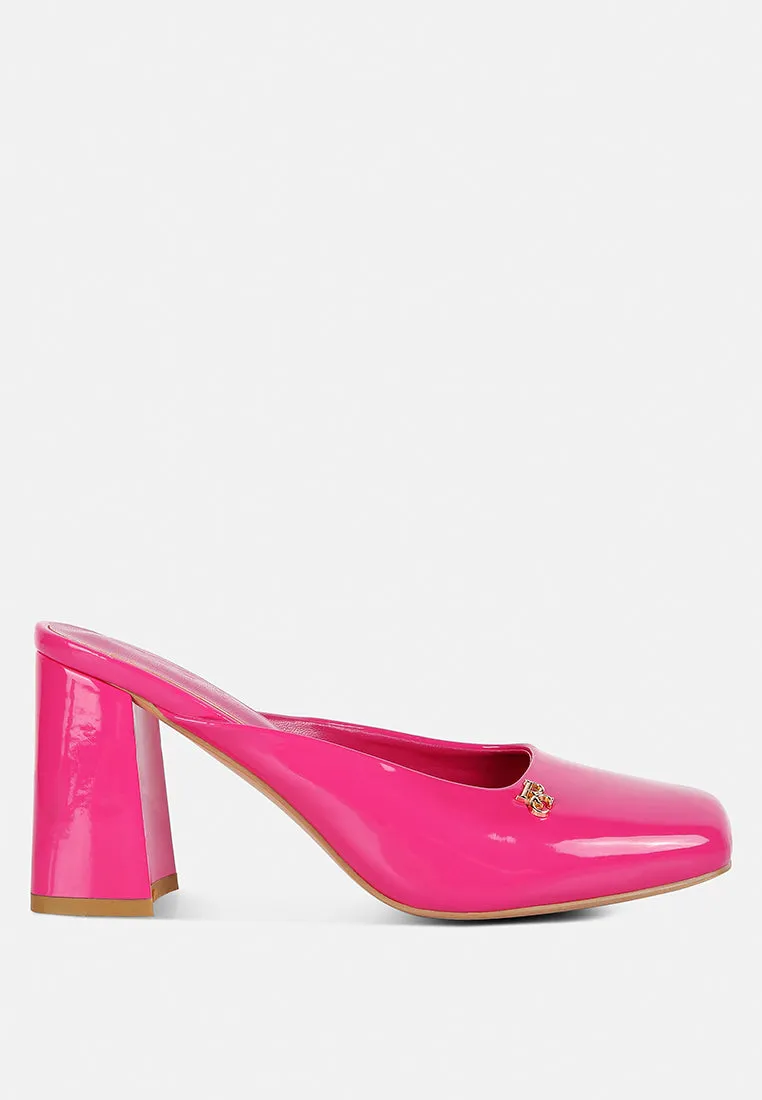 Neoplast Patent Pu Block Heeled Mules