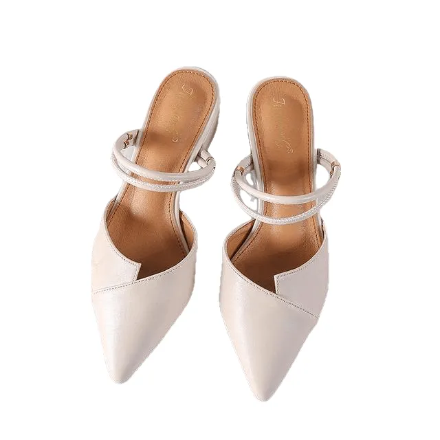 Party Chic Women Mules Slipper Pointed Toe Block Strap Closed Shallow High Heels Shoes Sandals Pumps