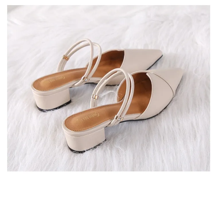 Party Chic Women Mules Slipper Pointed Toe Block Strap Closed Shallow High Heels Shoes Sandals Pumps