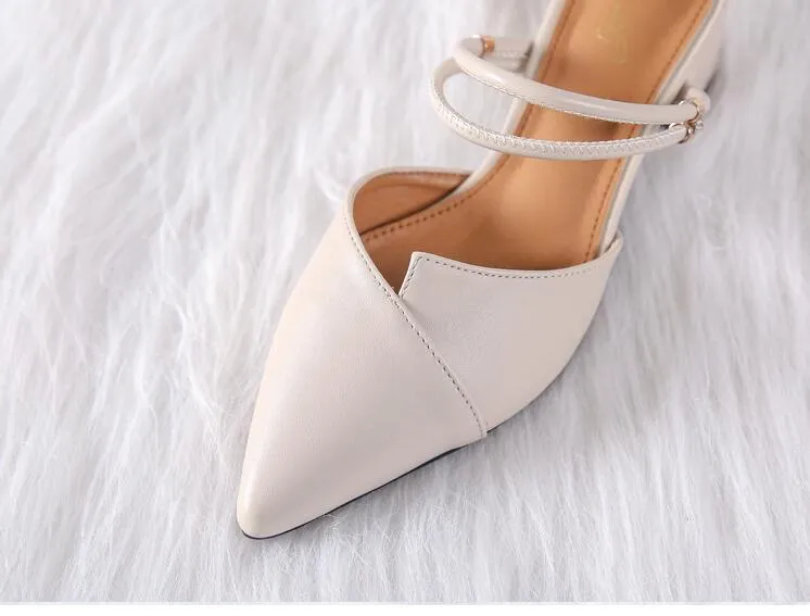 Party Chic Women Mules Slipper Pointed Toe Block Strap Closed Shallow High Heels Shoes Sandals Pumps