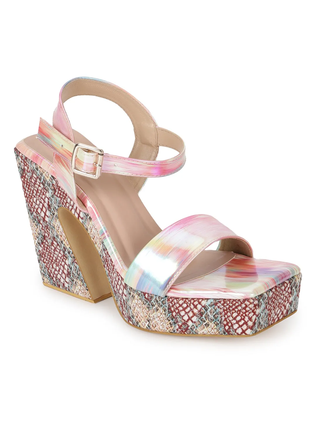 Pink Holographic Wide Strap Platform Sandals (TC-MSI-V-116-PNK)