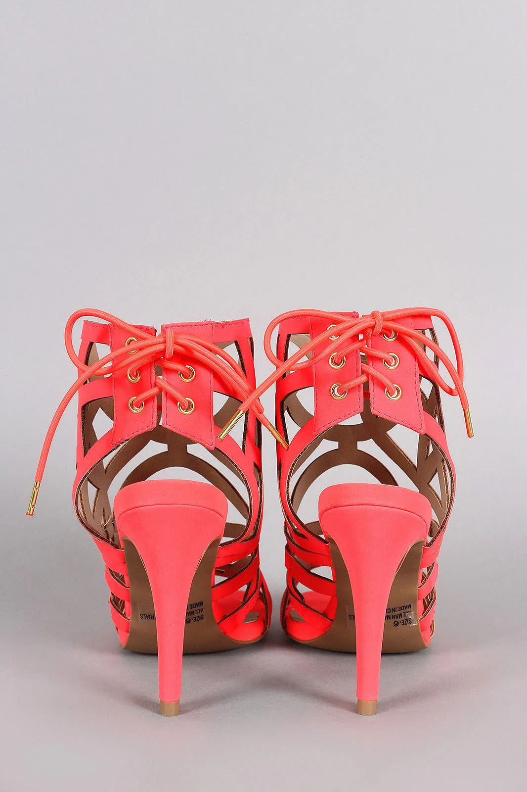 Qupid Caged Back Lace Up Open Toe Heel