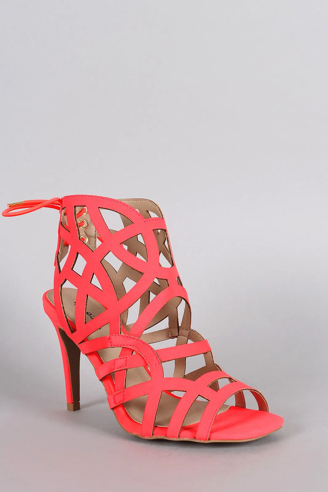 Qupid Caged Back Lace Up Open Toe Heel