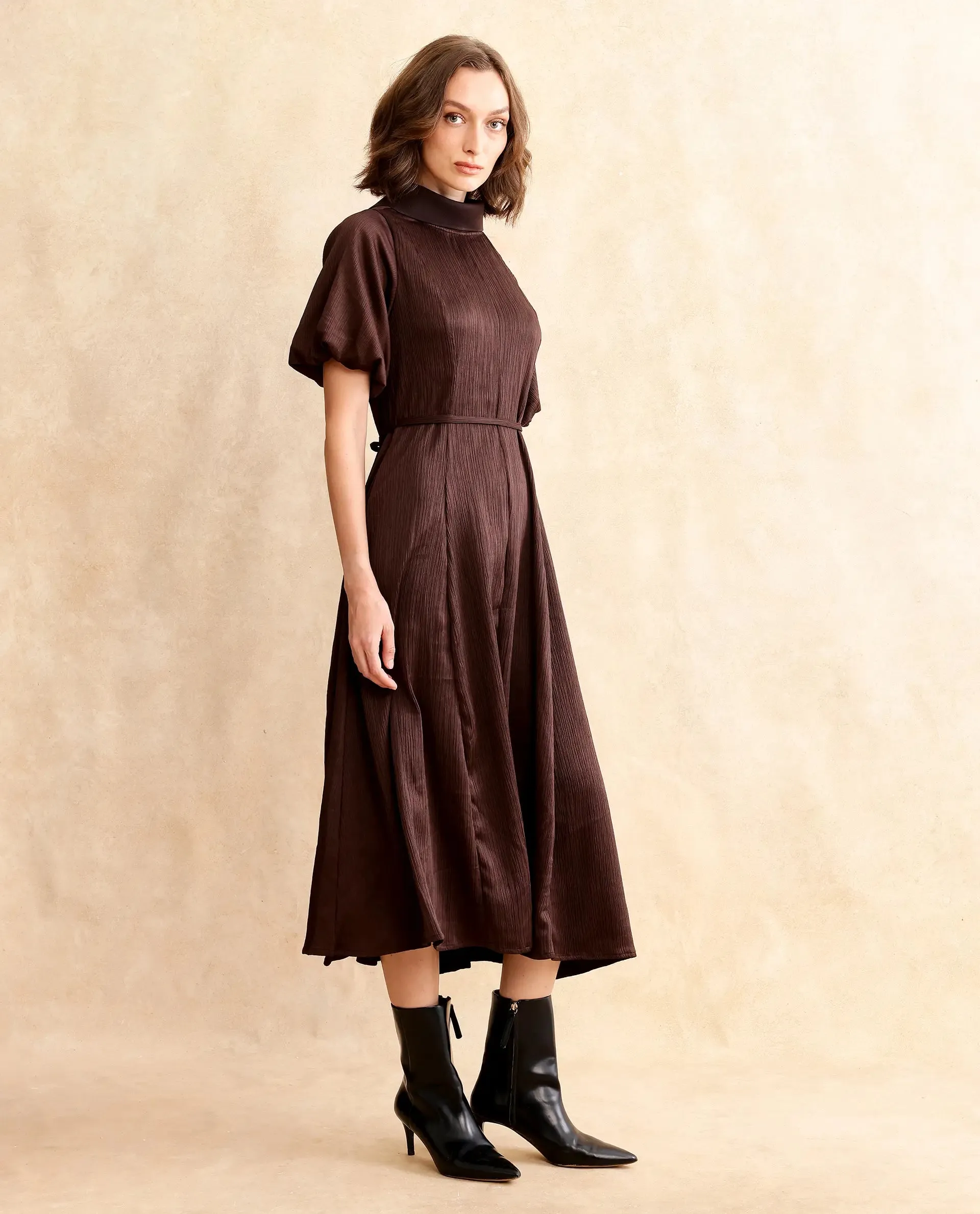 Rareism Women Duchy Brown Balloon Sleeve Turtle Neck Zipper Closure Flared Midi Plain Dress