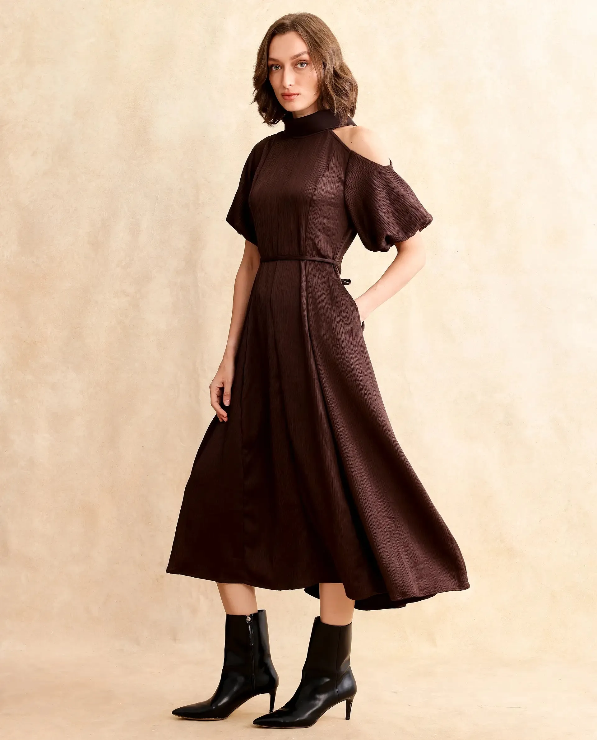 Rareism Women Duchy Brown Balloon Sleeve Turtle Neck Zipper Closure Flared Midi Plain Dress