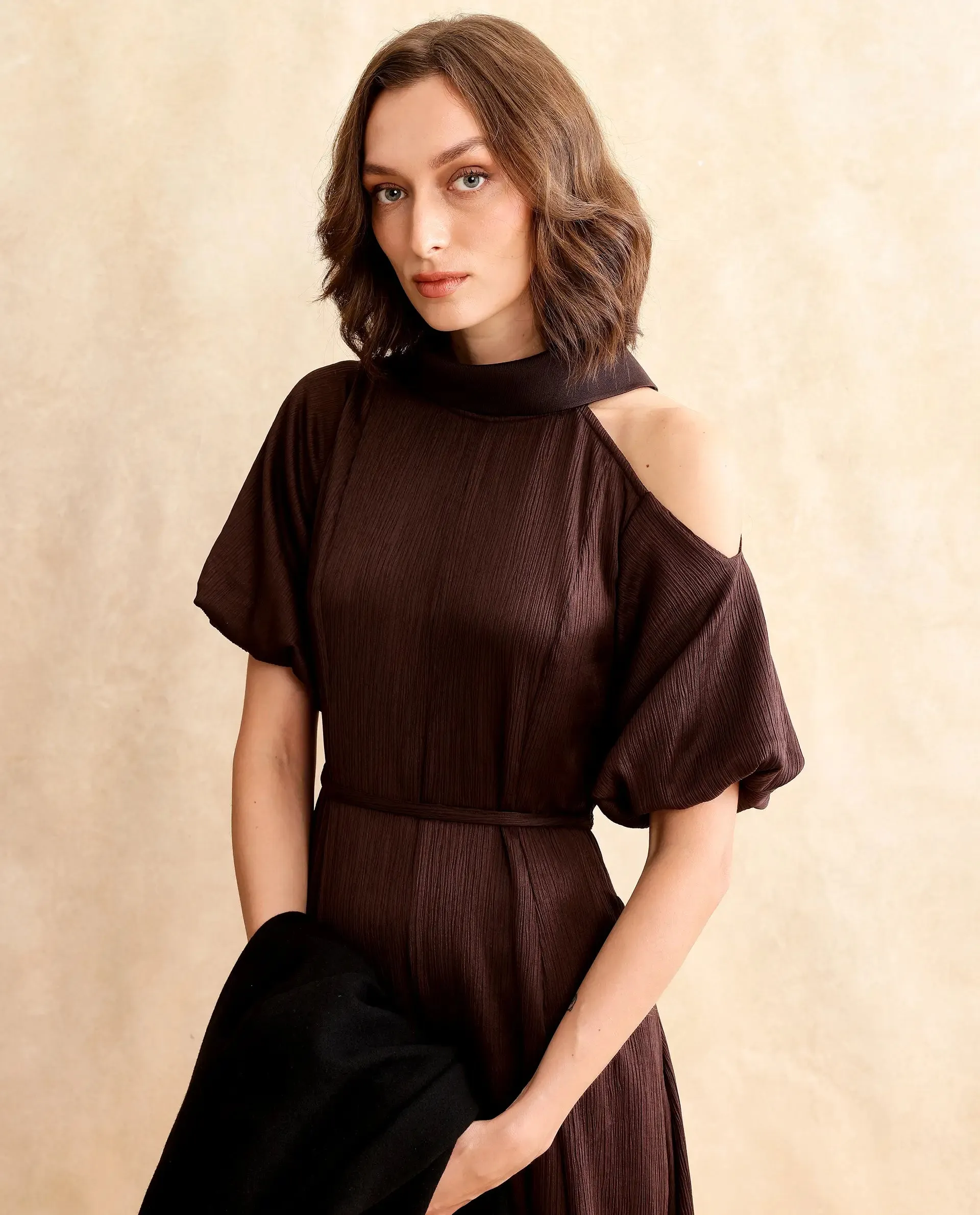 Rareism Women Duchy Brown Balloon Sleeve Turtle Neck Zipper Closure Flared Midi Plain Dress