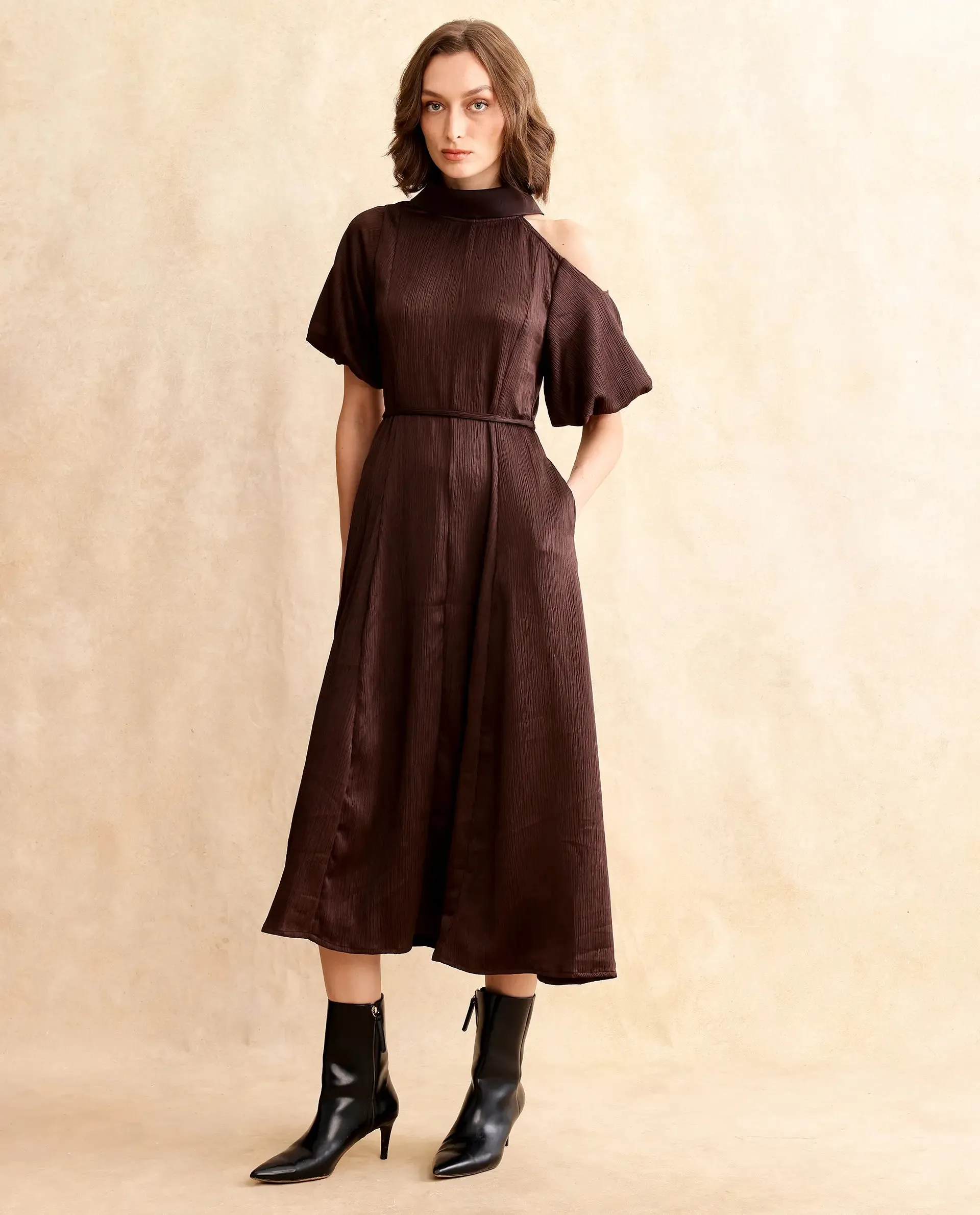 Rareism Women Duchy Brown Balloon Sleeve Turtle Neck Zipper Closure Flared Midi Plain Dress