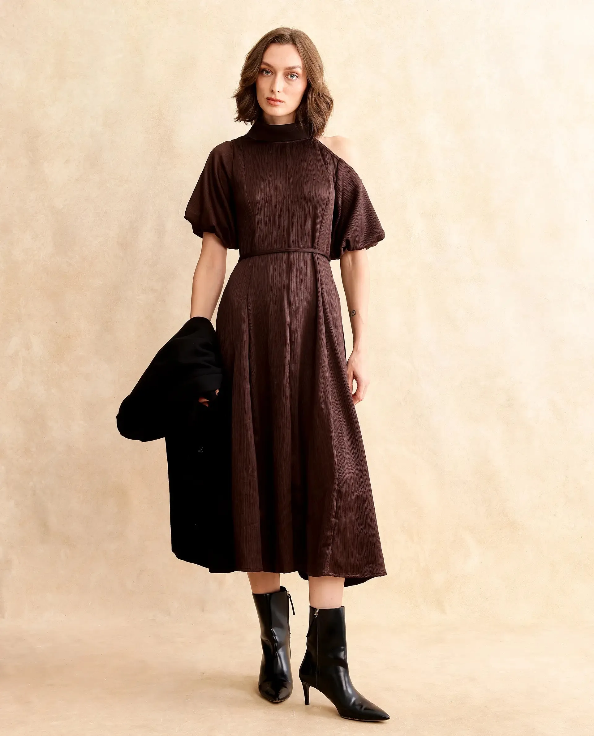 Rareism Women Duchy Brown Balloon Sleeve Turtle Neck Zipper Closure Flared Midi Plain Dress