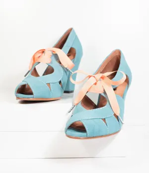 Royal Vintage 1940s Style Teal Blue Suede Peep Toe Cora Heels